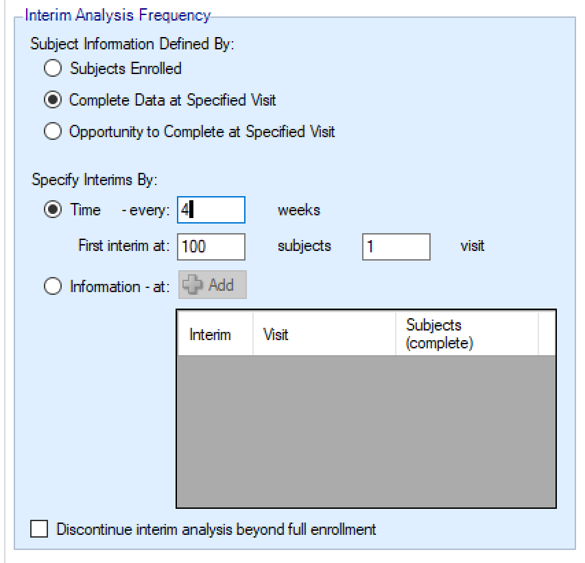 Specify interim analyses by time.