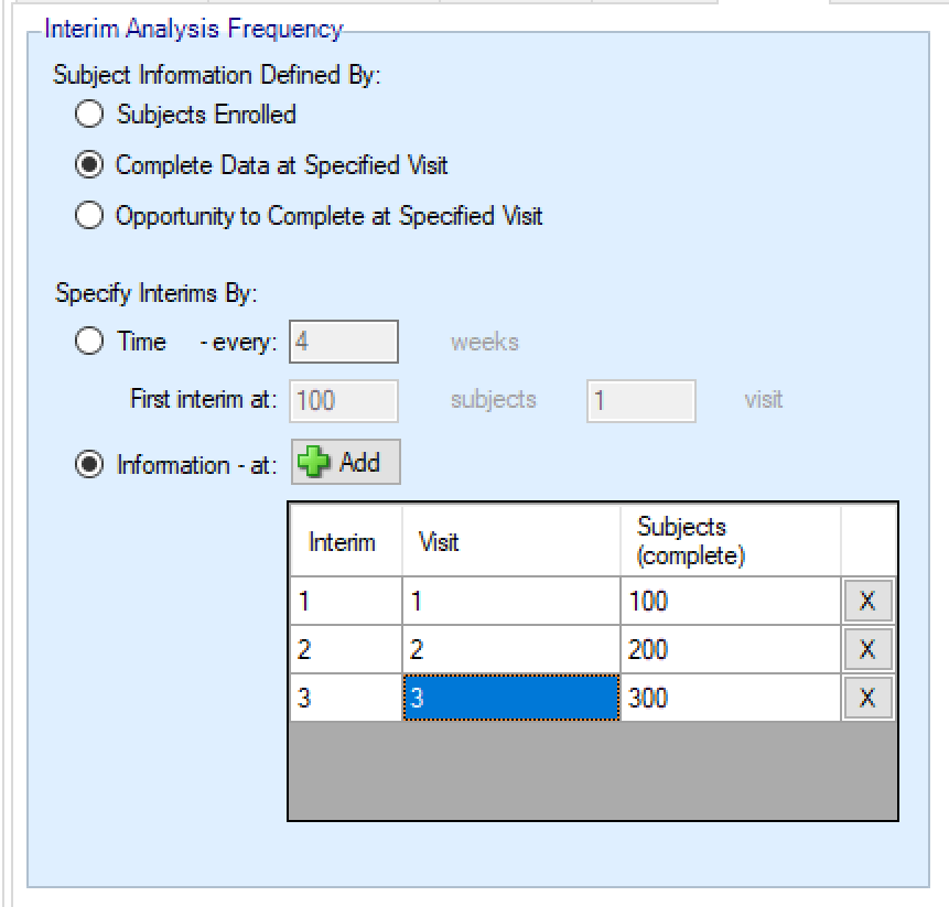 Specify interim analyses by information.